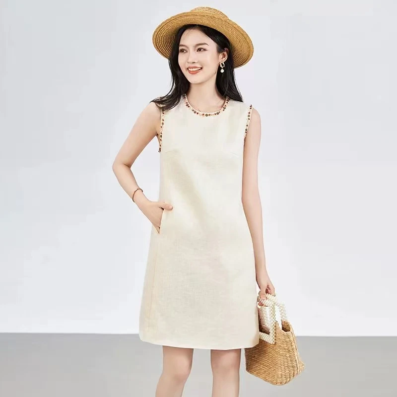 【高高品质自营】无袖连衣裙亚麻百搭白色时尚宽松连衣裙.G420062