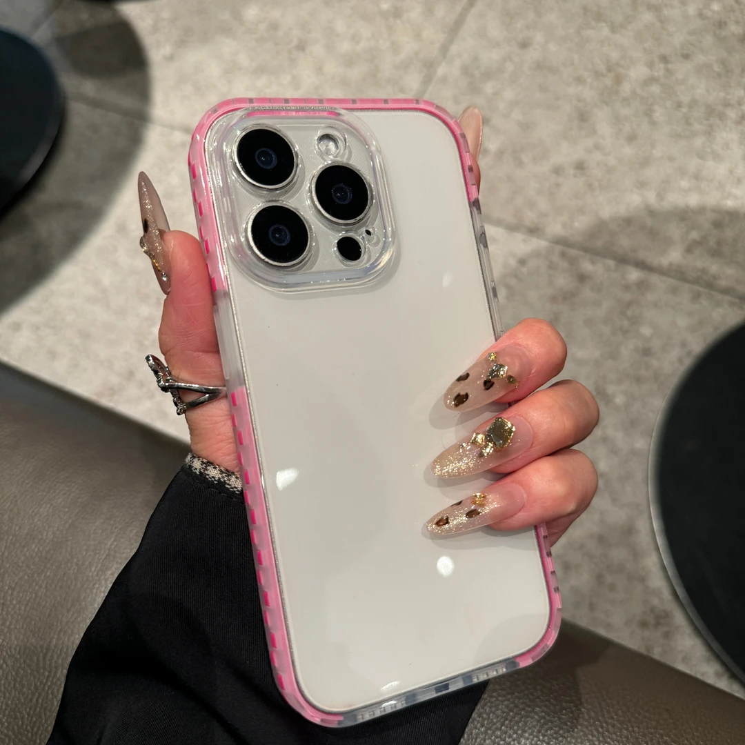 新款彩色方形边框苹果16promax手机壳15简约透明iPhone14清新13女