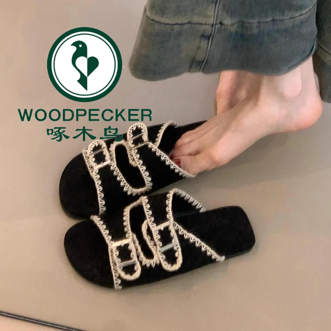 啄木鸟复古小众沙滩平底露趾凉拖鞋女夏法式休闲外穿时尚一字拖鞋