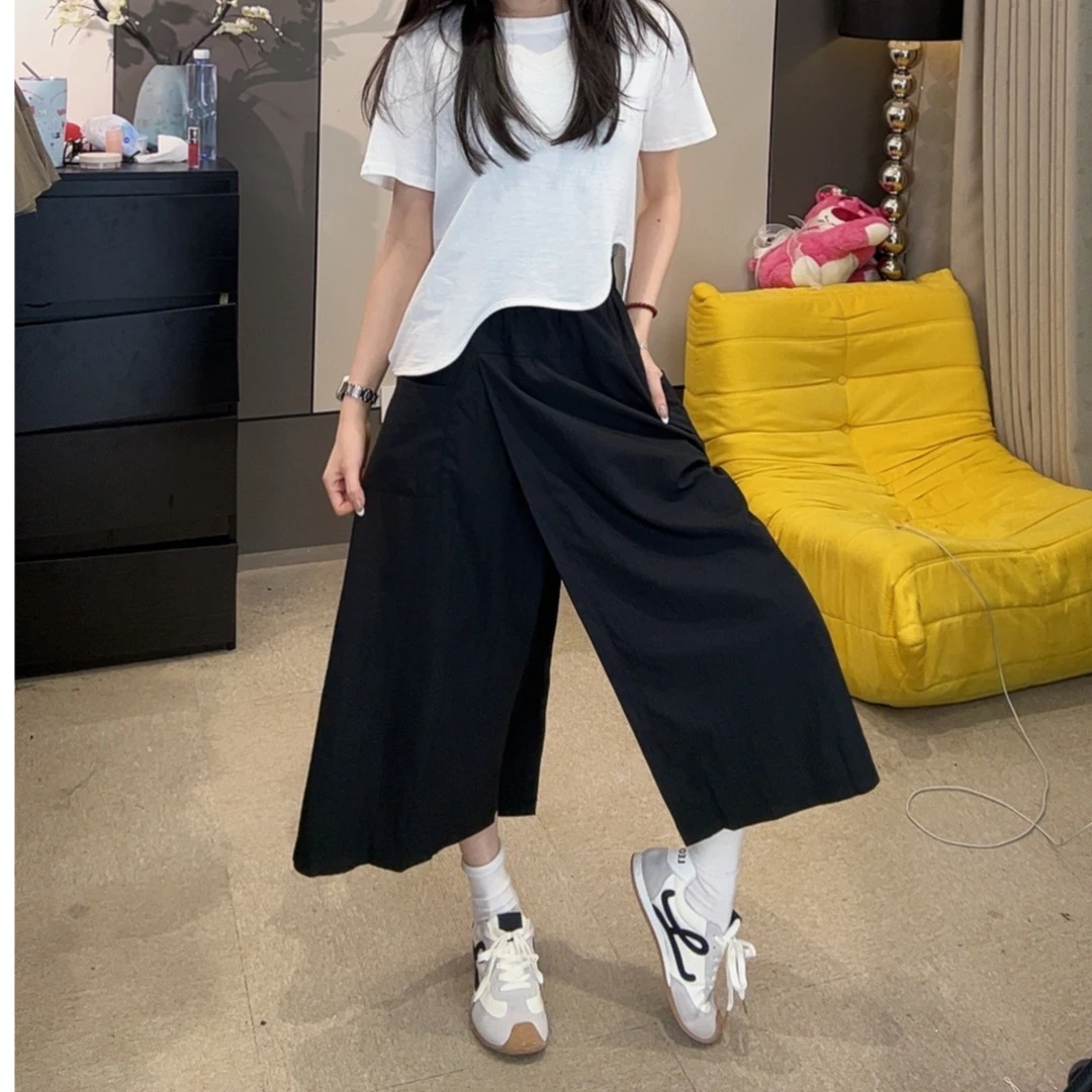 蔡小姐亮面阔腿裤高腰休闲裤女2025春夏季透气百搭不走光气质裙裤