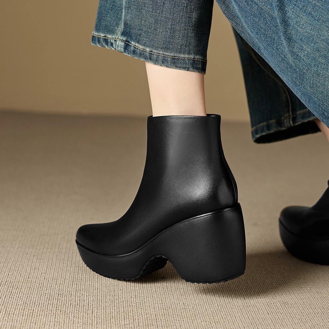 AACCK手工女鞋9.5CM超高跟圆头坡跟真皮短靴子靴子秋冬单靴短筒