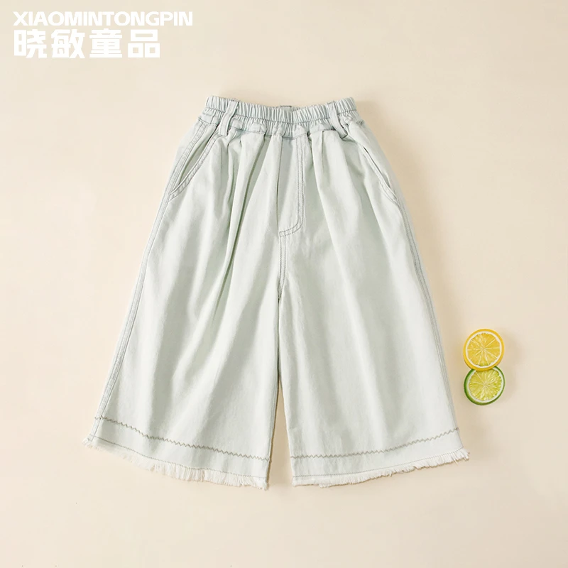 2025年款衣服儿童波浪走线毛边八分牛仔裤3C4408夏季女童