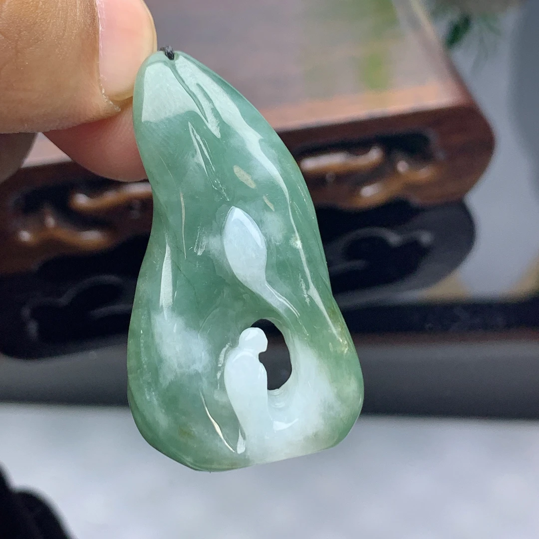 缅甸天然A货翡翠悟道吊坠特色镂空油青色菠菜绿男款挂件项坠达摩