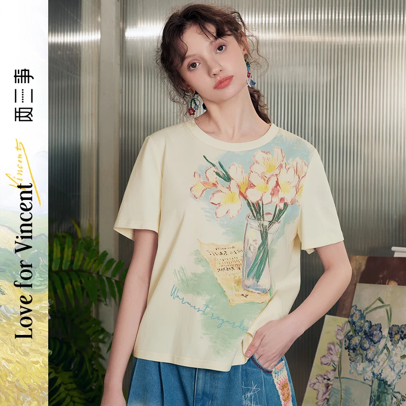 两三事梵高文艺玻璃花房夏文艺风油画印花短袖t恤