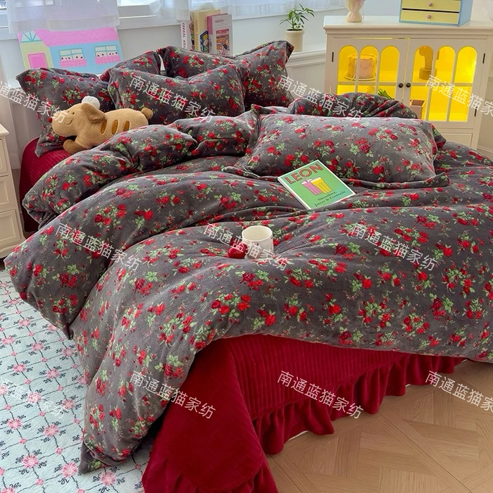 冬季A类复古加厚牛奶绒床盖四件套双面绒保暖被套免打理防滑床盖