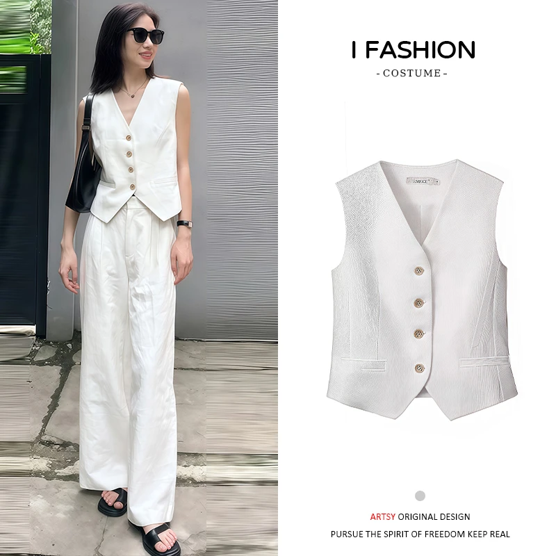 小个子时尚百搭套装女2025年夏季新款坎肩马甲直筒阔腿裤两件套潮