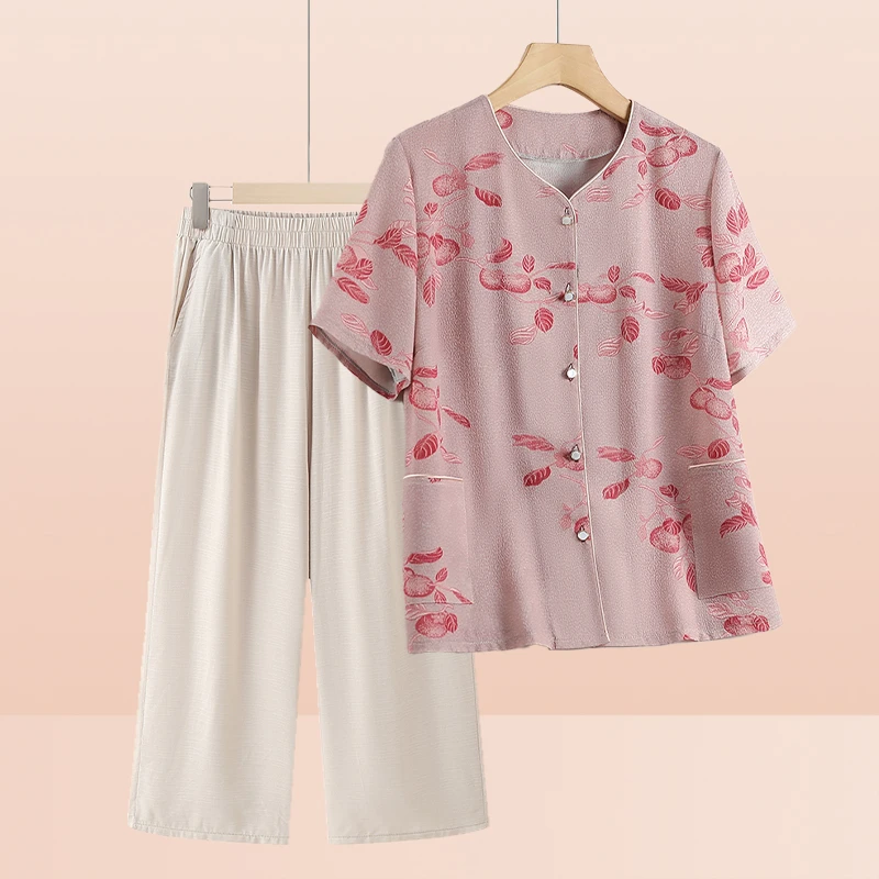 中老年女装新款夏装短袖上衣时尚奶奶装老人妈妈装花色衬衫两件套