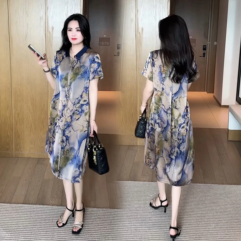 2025夏季新款大码妈妈装气质连衣裙显瘦百搭宽松中长裙女印花裙潮