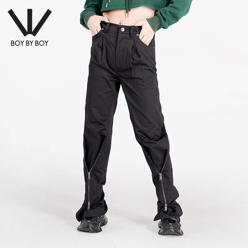 BOY BY BOY潮牌女装全棉低腰微喇裤金属拉链机能感休闲裤W34004