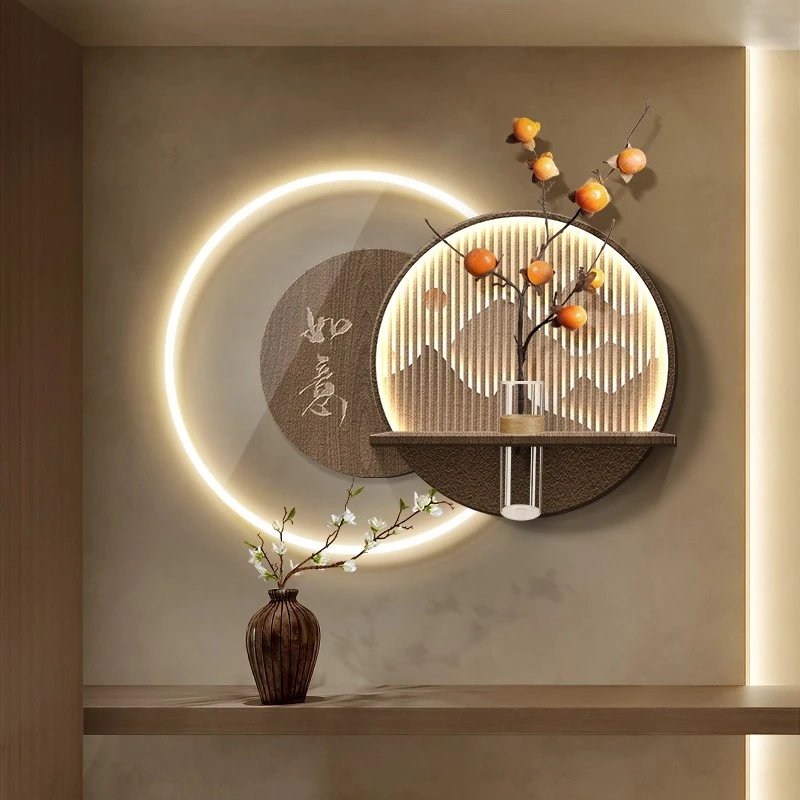 餐厅柿柿如意新中式玄关装饰画水培绿植入户正对门壁画氛围灯画