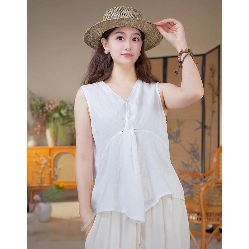 亚麻-夏季韩版时尚百搭V领背心女高级感无袖小衫上衣-W1580