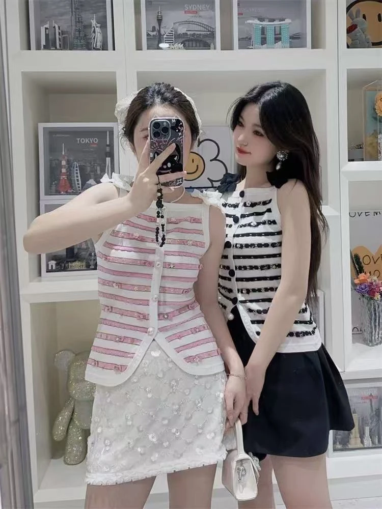 2025夏季修身型原创设计千金风夏季拼接包臀小香风吊带背心通勤