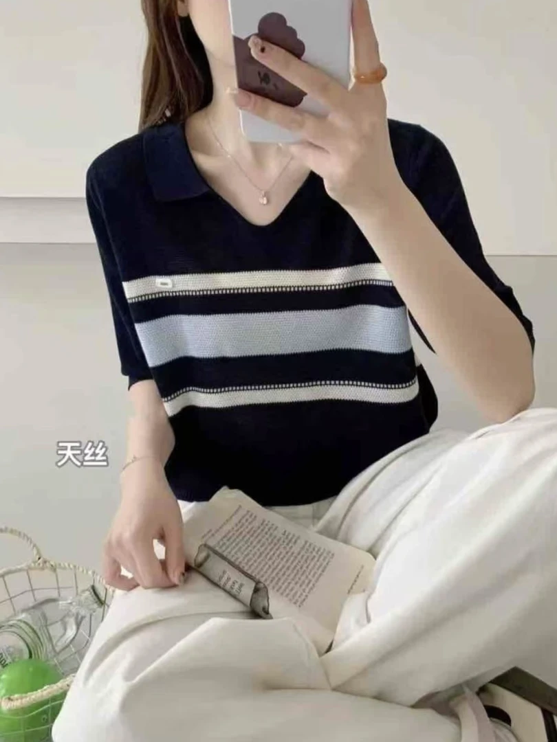 女装翻领宽松型针织宽松短袖毛针织衫条纹polo