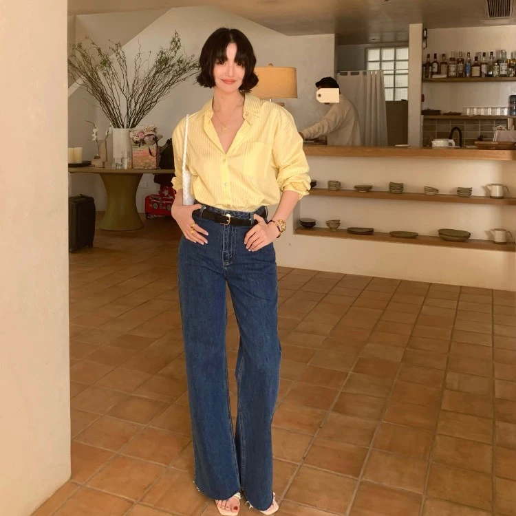 酒午港风复古2025春夏季高腰显瘦深蓝牛仔裤直筒拖地裤女KLF4106