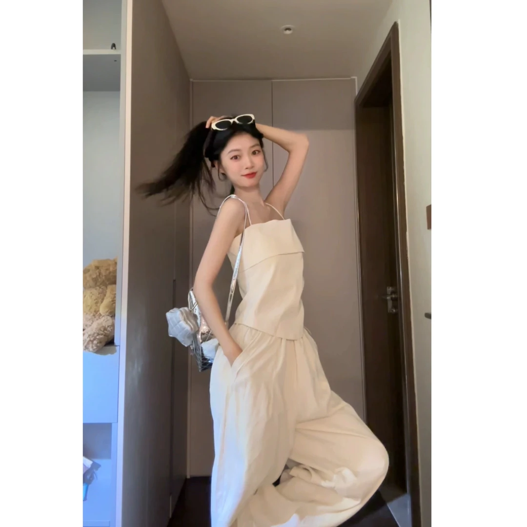 2025宽松阔腿裤两件套复古杏色工装裤小个子裤子辣妹套装