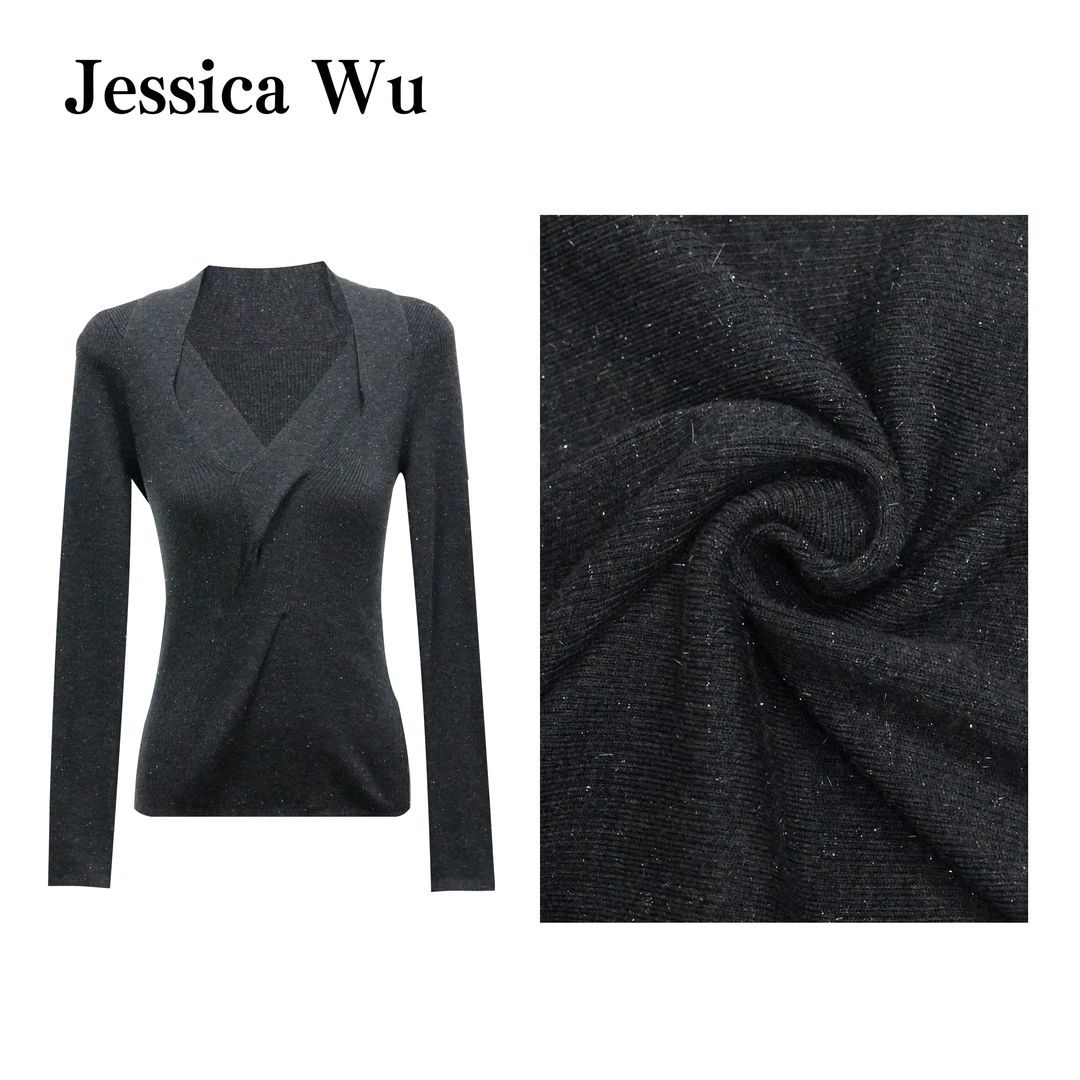 JESSICA WU粗结艺术~细闪金属纱扭结设计显瘦女人味针织上衣