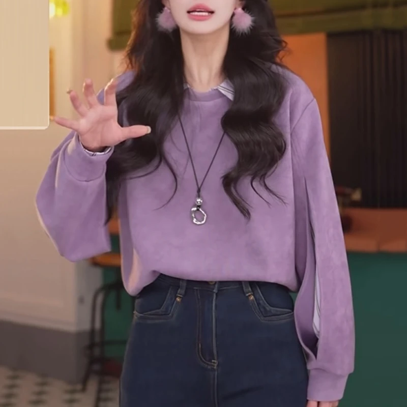 港风复古拼接假两件宽松紫色卫衣女春季新款妈妈休闲百搭气质上衣