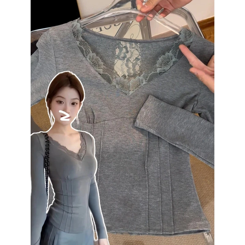 纯欲磨毛蕾丝拼接v领长袖t恤衫女秋修身显瘦设计感内搭保暖上衣