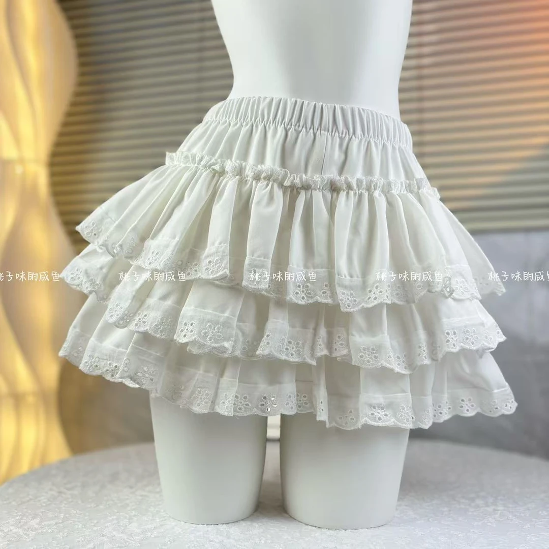 蓬蓬裙高腰半身裙甜美防走光半裙拼接白色百搭lolita