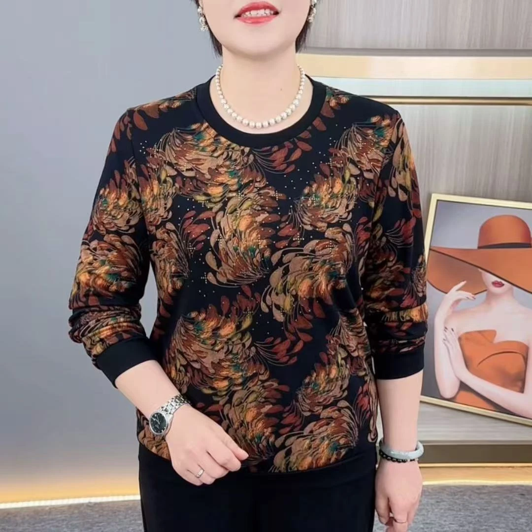 秋季新款时尚圆领印花中老年气质妈妈装遮肚显瘦百搭长袖上衣H829