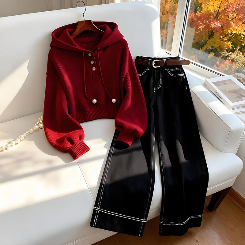 慵懒风洋气时尚洋气百搭女装针织卫衣秋季新款高腰直筒裤子两件套