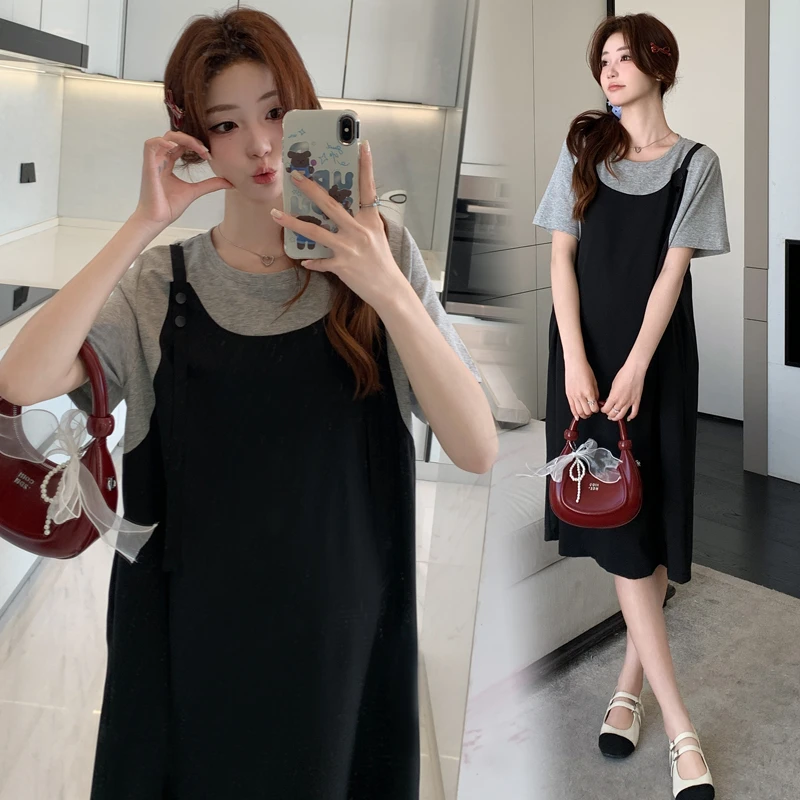 2026新款孕妇装夏季韩版极简拼色假两件小黑裙中长款连衣裙外穿