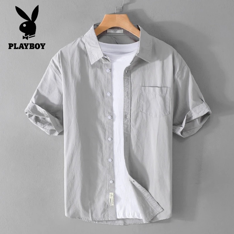 花花公子男士纯棉休闲短袖衬衫百搭透气衬衣简约流行青年薄款上衣