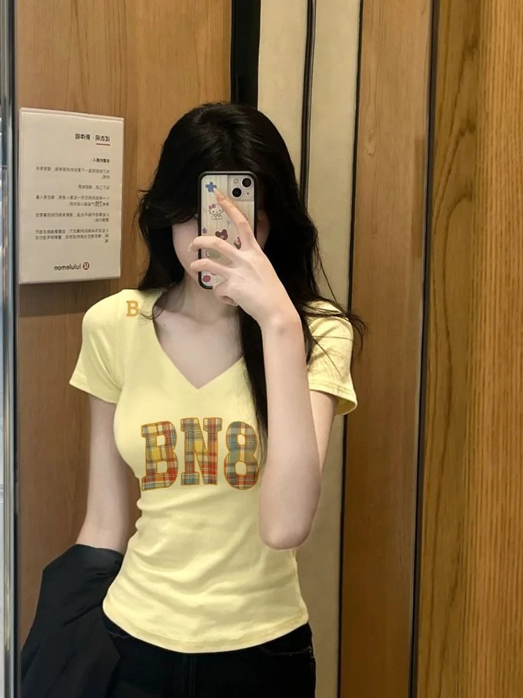 【AORSKK】V领正肩短袖t恤女厚实盐系欧美风爆款休闲简约百搭上衣潮