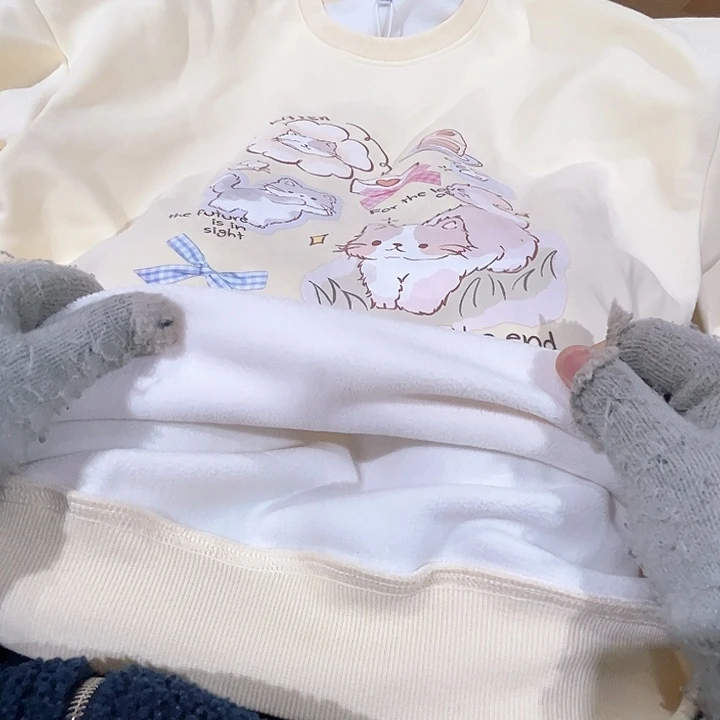 品牌加绒圆领卫衣l码。     小猫米色