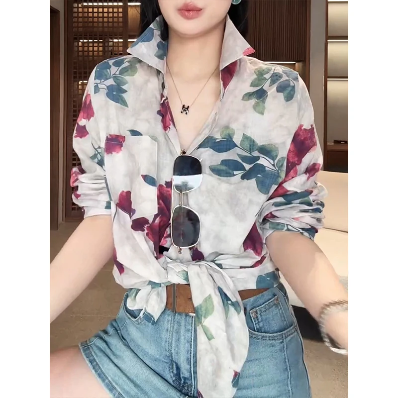 法式气质设计师款晕染花衬衫女2025夏季新款宽松显瘦印花防晒上衣
