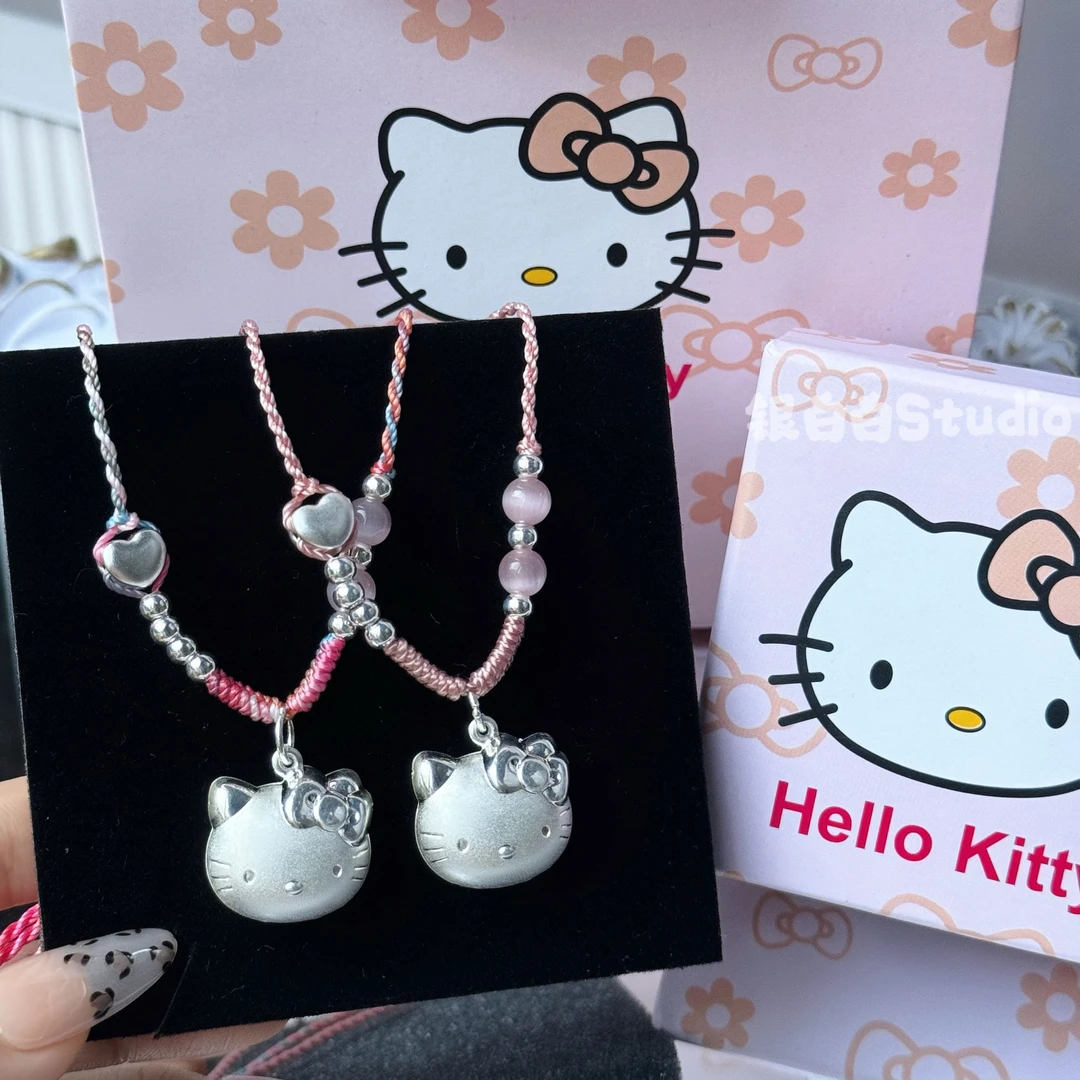 吊坠足银 足银999kt猫纯银吊坠爱心可爱编绳甜美少女心坠链礼物