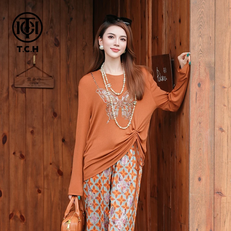 TCH轻奢烫钻工艺时尚休闲老钱风时尚套装女T75B07E1039私服tch