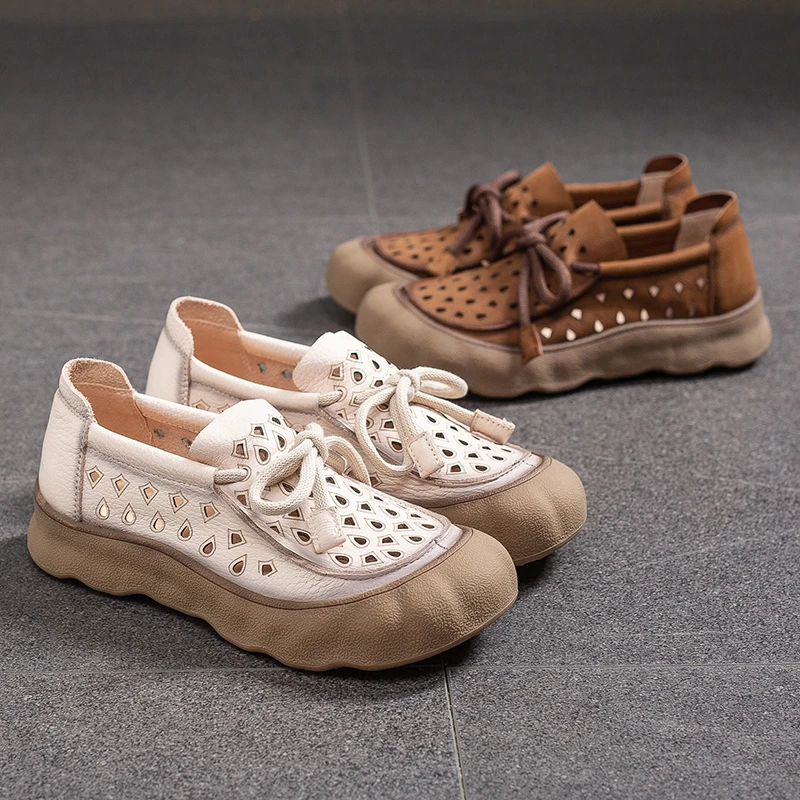 头层牛皮镂空洞洞鞋女2025夏季新款简约休闲百搭复古单鞋妈妈鞋