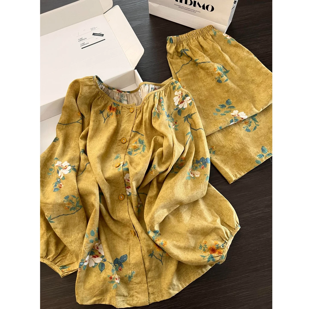 新中式复古花卉棉绸睡衣女春秋新款大码长袖长裤家居服套装可外穿