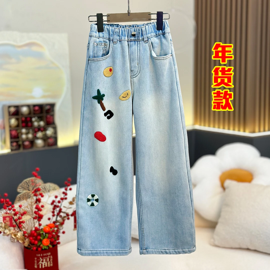 年款弹力~高品质加绒加厚女童加绒牛仔裤毛巾绣弹力阔腿裤3734
