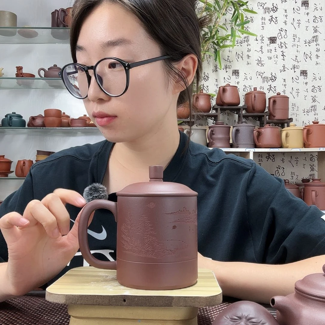 茶杯紫砂原矿紫泥山水办公杯没礼盒500CC左右