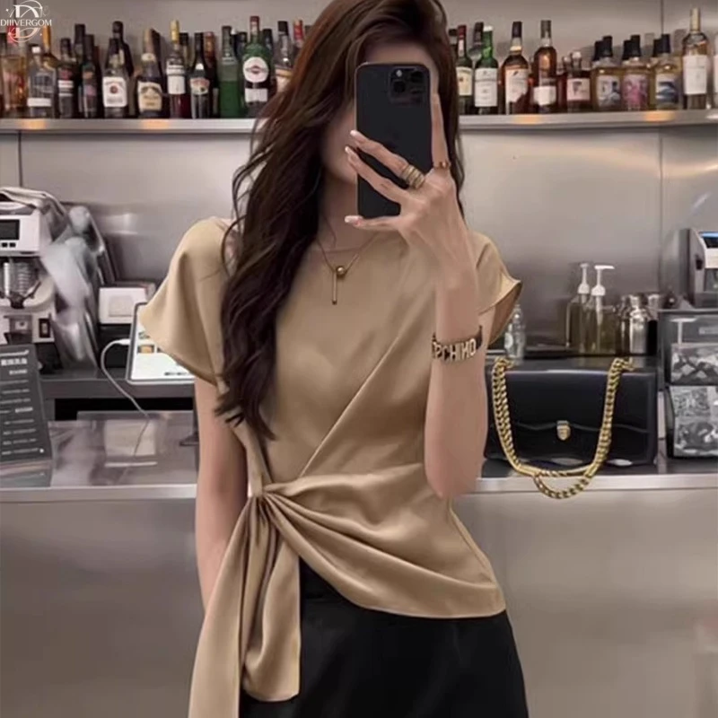 法式圆领缎面衬衫女夏季新款高级感小衫气质绑带收腰显瘦气质上衣