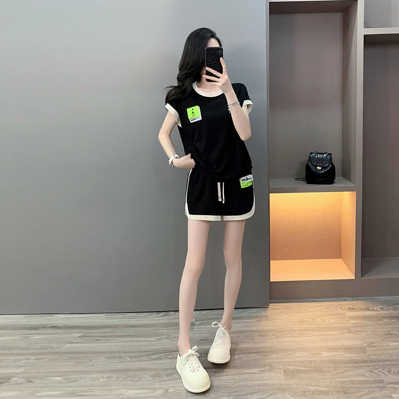 欧货网红洋气黑色休闲运动套装女宽松百搭显瘦短袖短裤时尚两件套