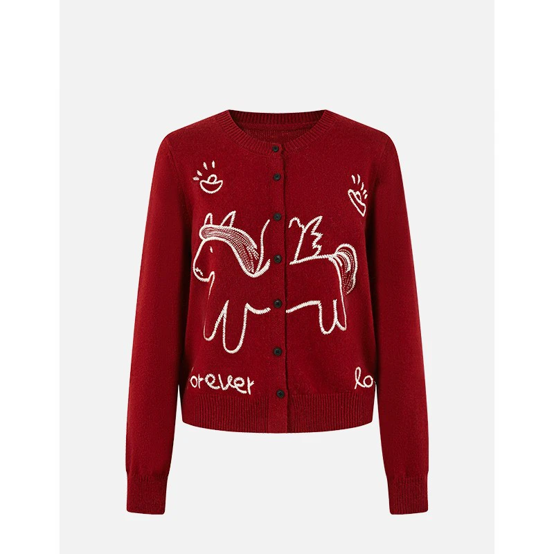 2026年【马上有钱】新年款时尚休闲刺绣图案针织开衫上衣女23883#