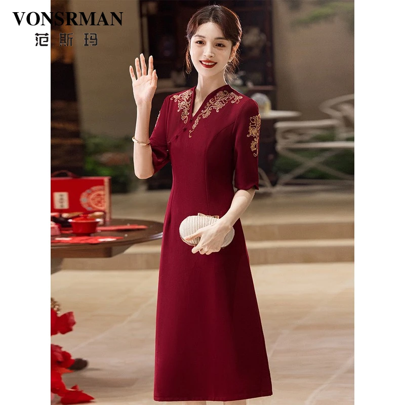 VONSRMAN新中式红色旗袍连衣裙2025新款秋季时尚收腰气质减龄显瘦