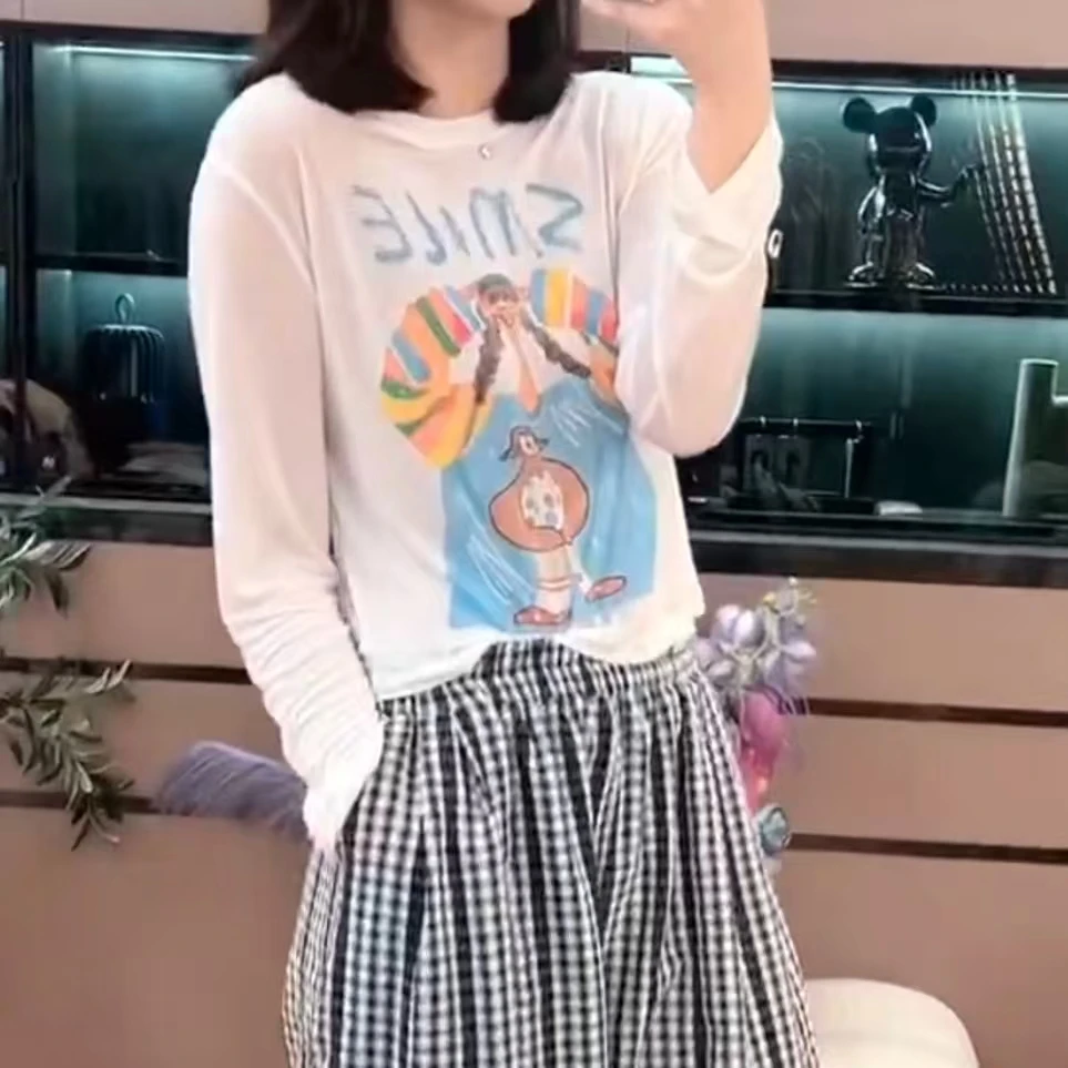 夏季薄款长袖t恤2025印花休闲圆领上衣女