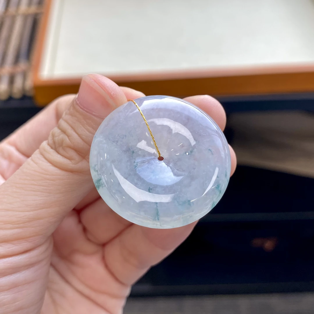 如意宝珠宝 冰底飘蓝花翡翠平安扣吊坠天然玉石A货CP67