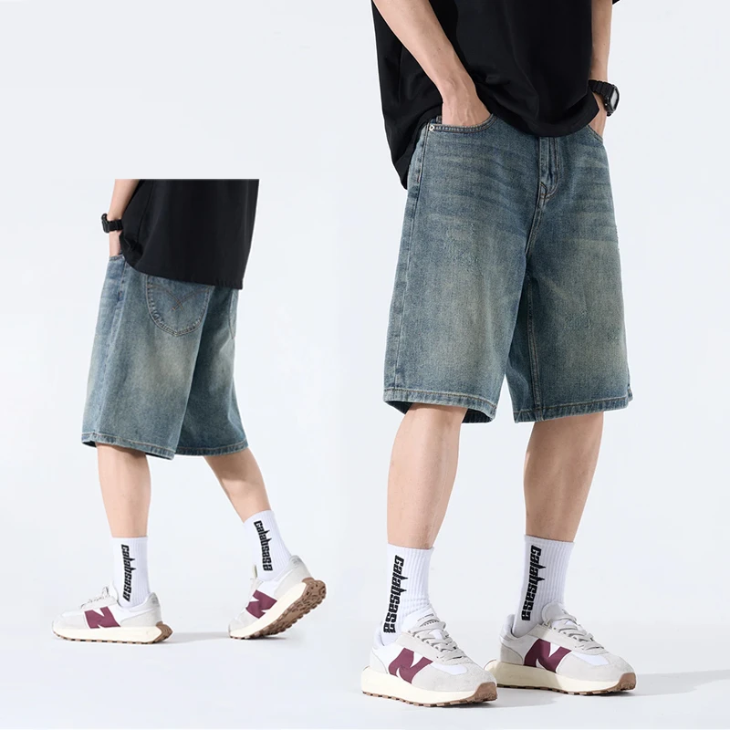 夏季男款牛仔短裤潮牌痞帅马裤直筒五分裤高街美式水洗休闲中裤子