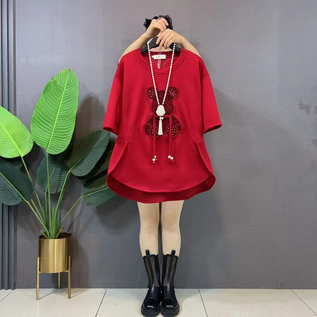 欧货新款女上衣时髦减龄小熊重工镶钻贴布刺绣七分袖大码T恤半袖