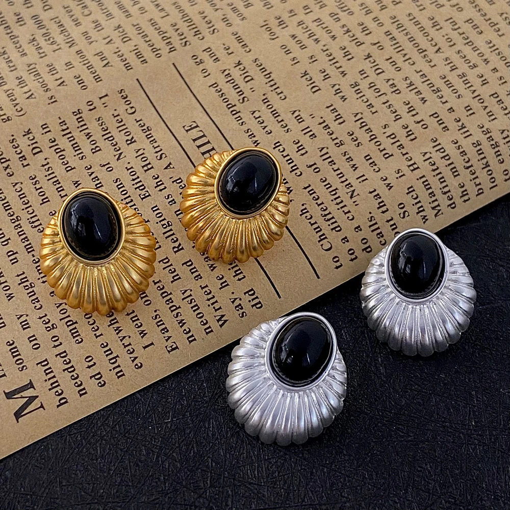 铜合金耳饰 法式复古几何猫眼石耳钉女小众设计简约中古风轻奢