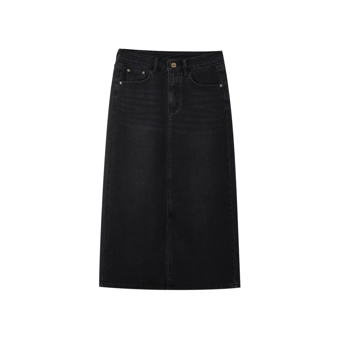 【77推荐】黑色半身裙重工洗水a字裙高腰前开叉牛仔裙女夏-7813