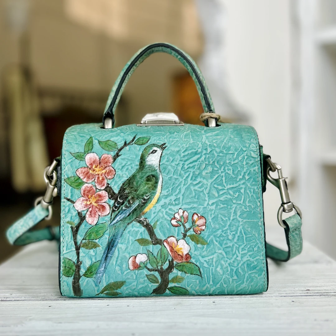 原创设计纯手工彩绘躲雨猫真皮女包单肩包手提包斜跨包【10948】