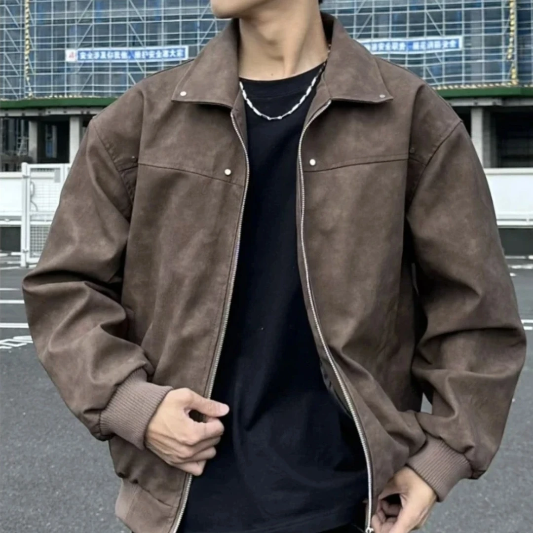 翻领做旧金属港风男士秋季皮夹克ins夹克港风春秋季