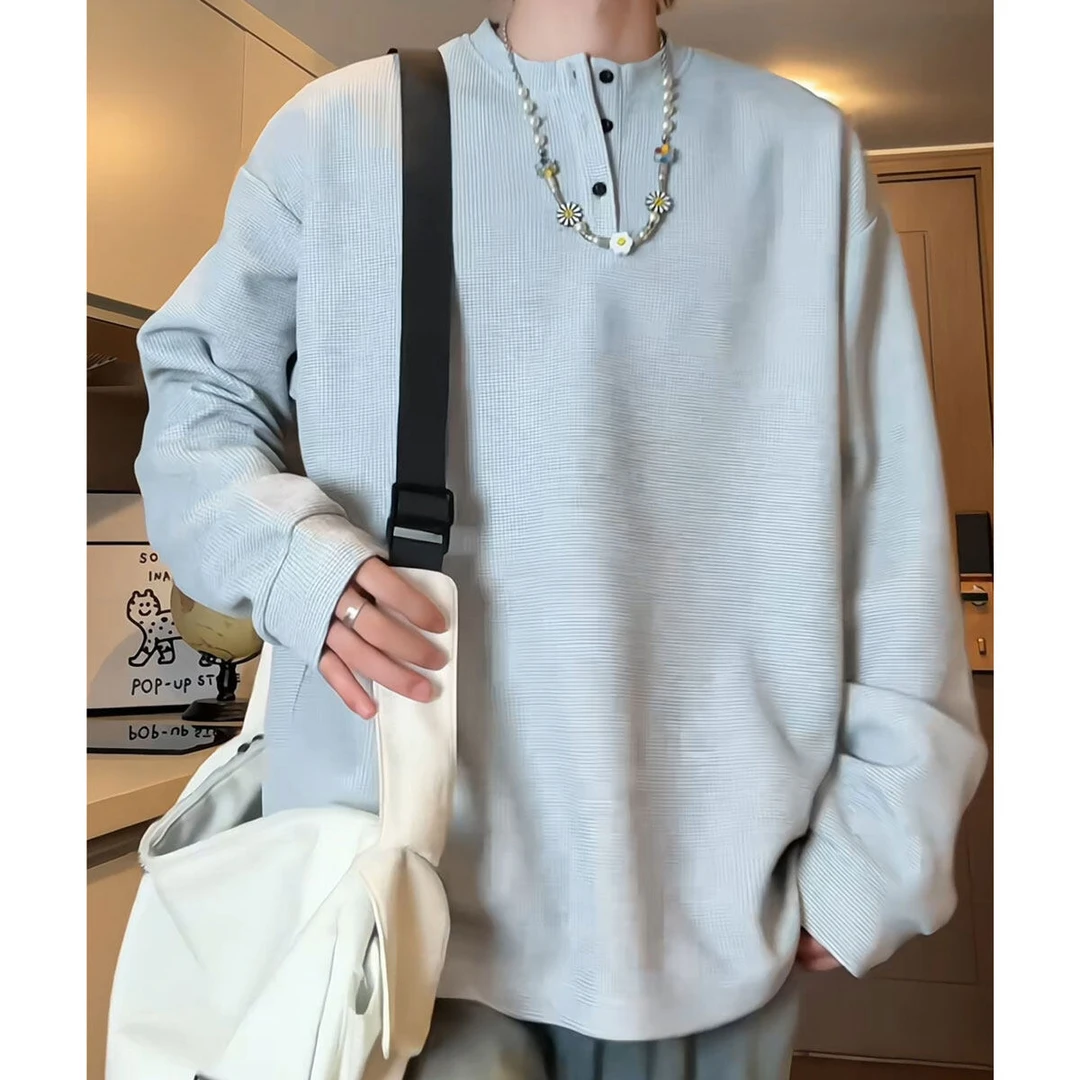 纯色秋季宽松情侣装T恤衫美式亨利领打底衫男简约休闲小清新大码