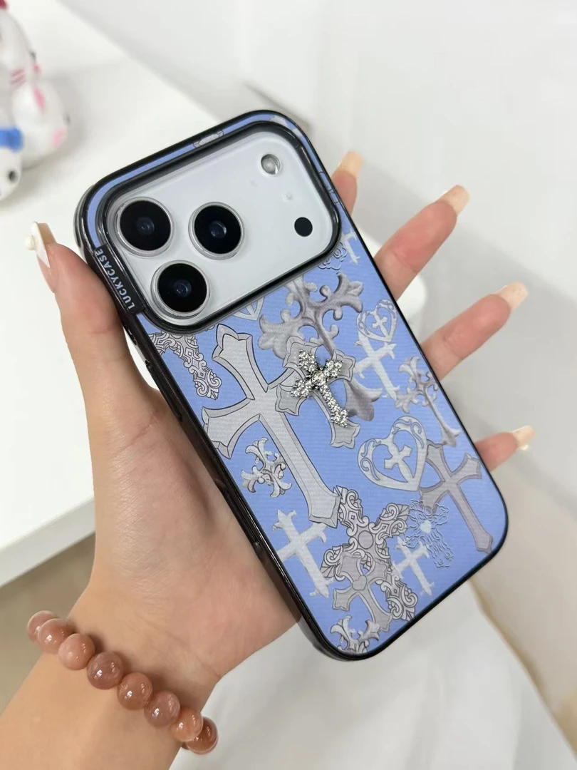 磨砂蓝色甜酷立体满钻十字架手机壳适用iPhone17苹果17promax/16